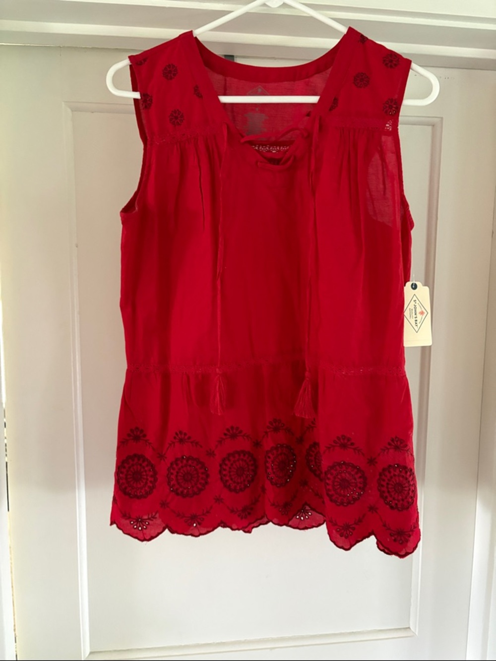 St. John's Bay Red Sleeveless Embroidered Tassel Top